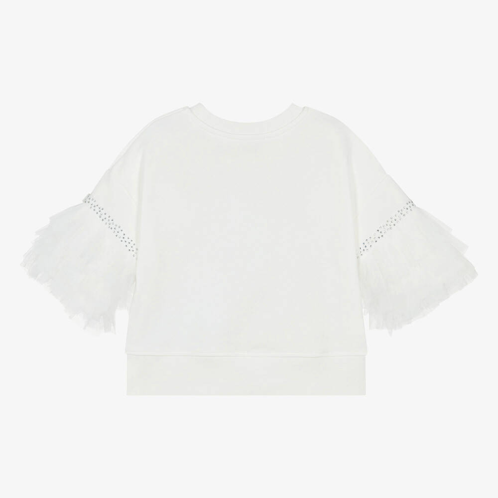 Monnalisa-سويتشيرت قطن وتول لون عاجي مزين بديامنتي | Childrensalon Outlet