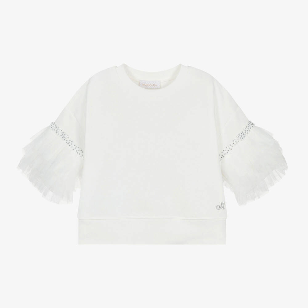 Monnalisa - Girls Ivory Diamanté Tulle Sweatshirt | Childrensalon