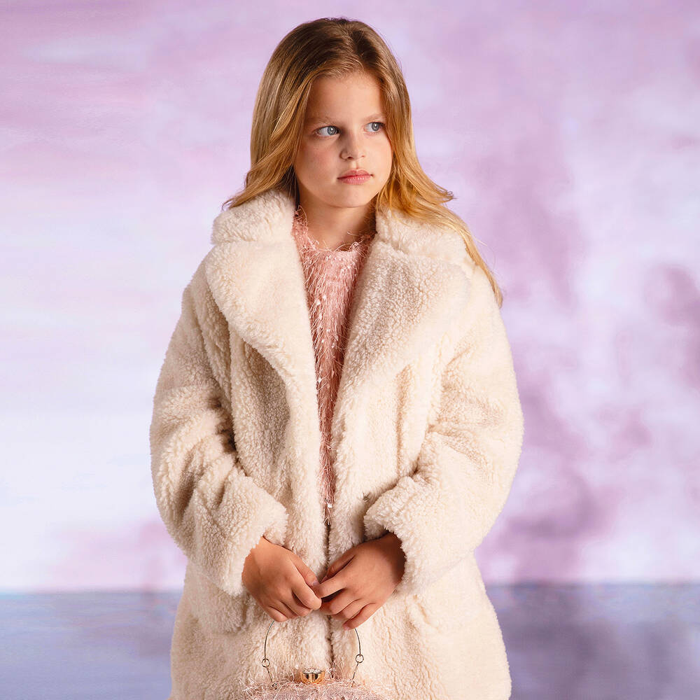 Monnalisa Girls Ivory Faux Fur Coat Childrensalon Outlet