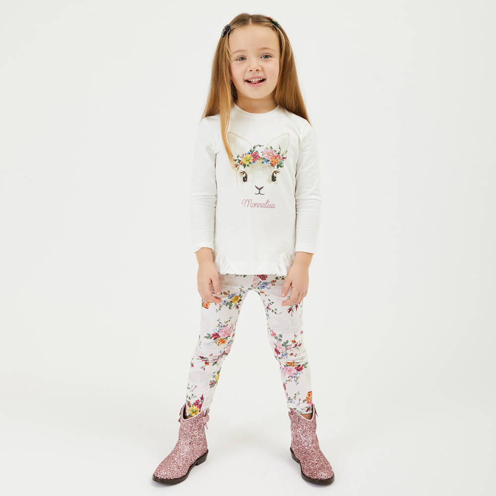 Monnalisa-Girls Ivory Floral Bunny Top | Childrensalon Outlet