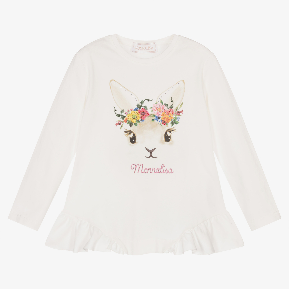 Monnalisa - Girls Ivory Floral Bunny Top | Childrensalon