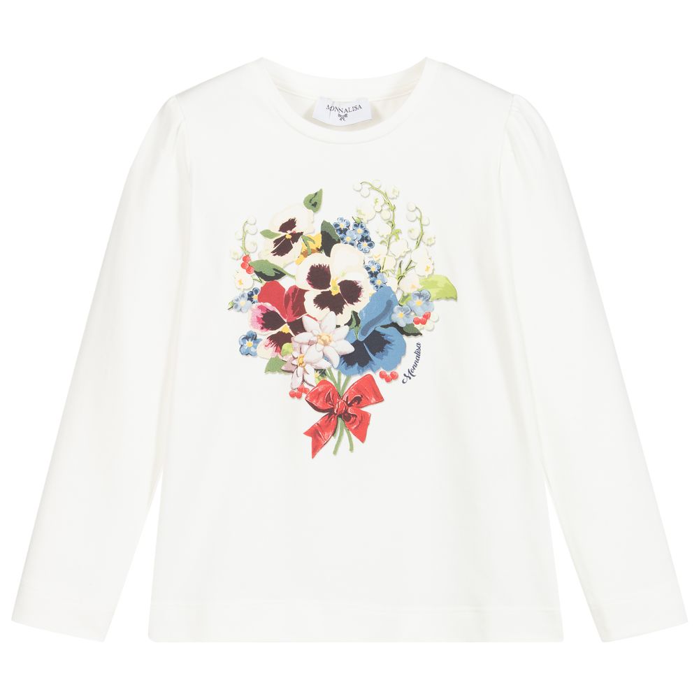 Monnalisa - Girls Ivory Floral Cotton Top | Childrensalon