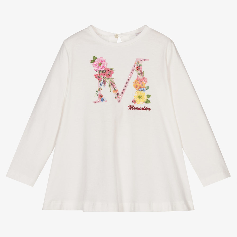 Monnalisa - Girls Ivory Floral Logo Top | Childrensalon