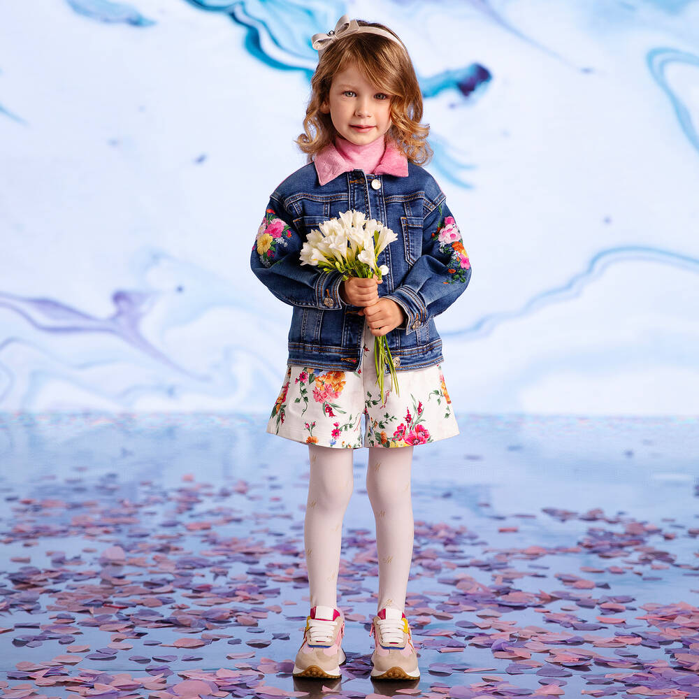 Monnalisa-شورت قطن جيرسي لون عاجي بطبعة ورود للبنات | Childrensalon Outlet