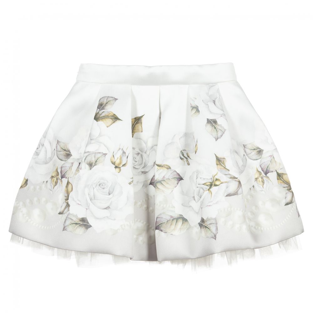 Monnalisa-تنورة ساتين تويل لون عاجي بطبعة ورود | Childrensalon Outlet