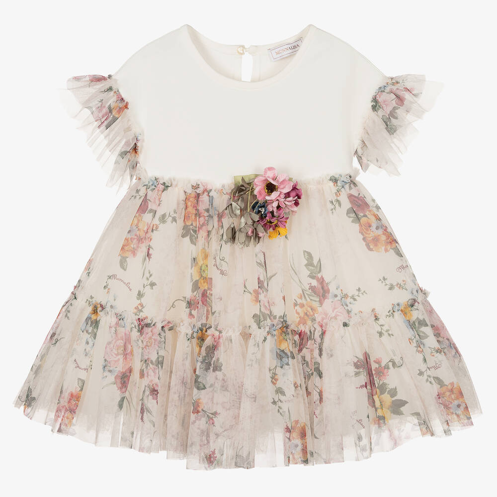 Monnalisa - Girls Ivory Floral Tulle Dress | Childrensalon