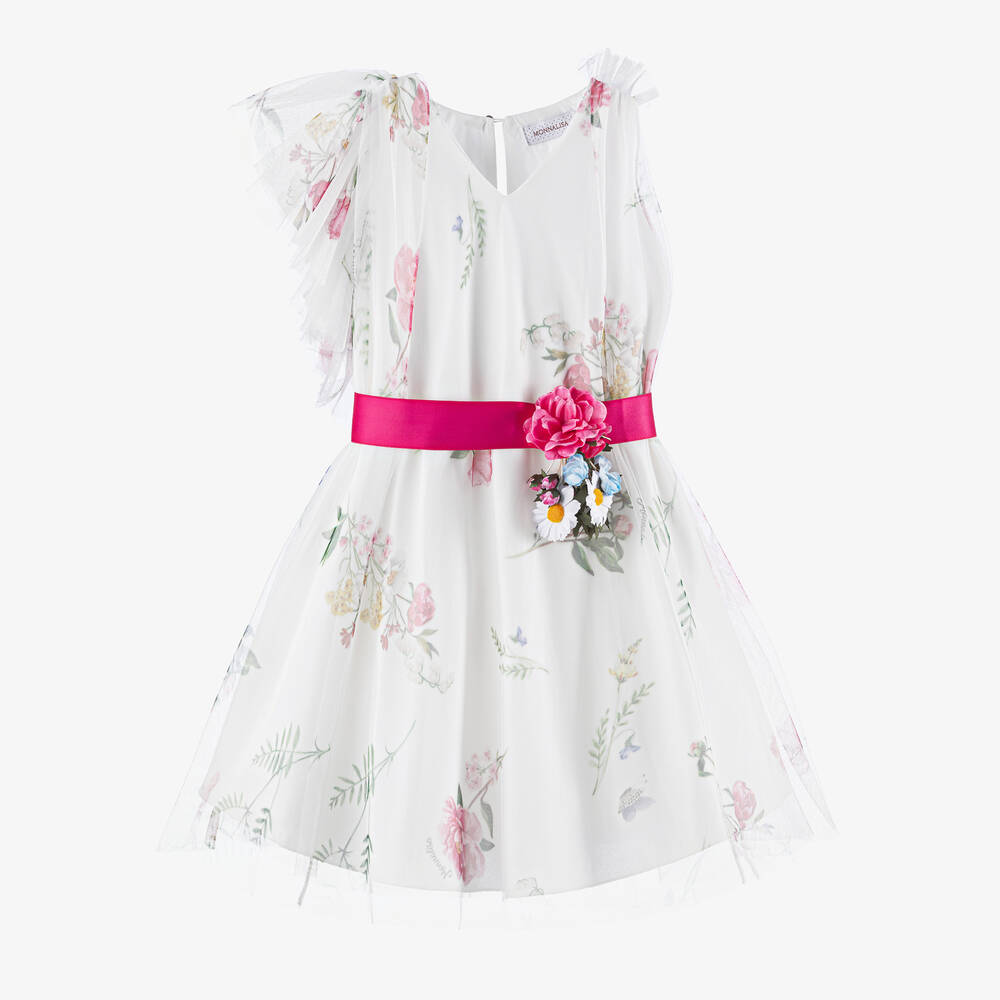 Monnalisa-Girls Ivory Floral Tulle Dress | Childrensalon Outlet