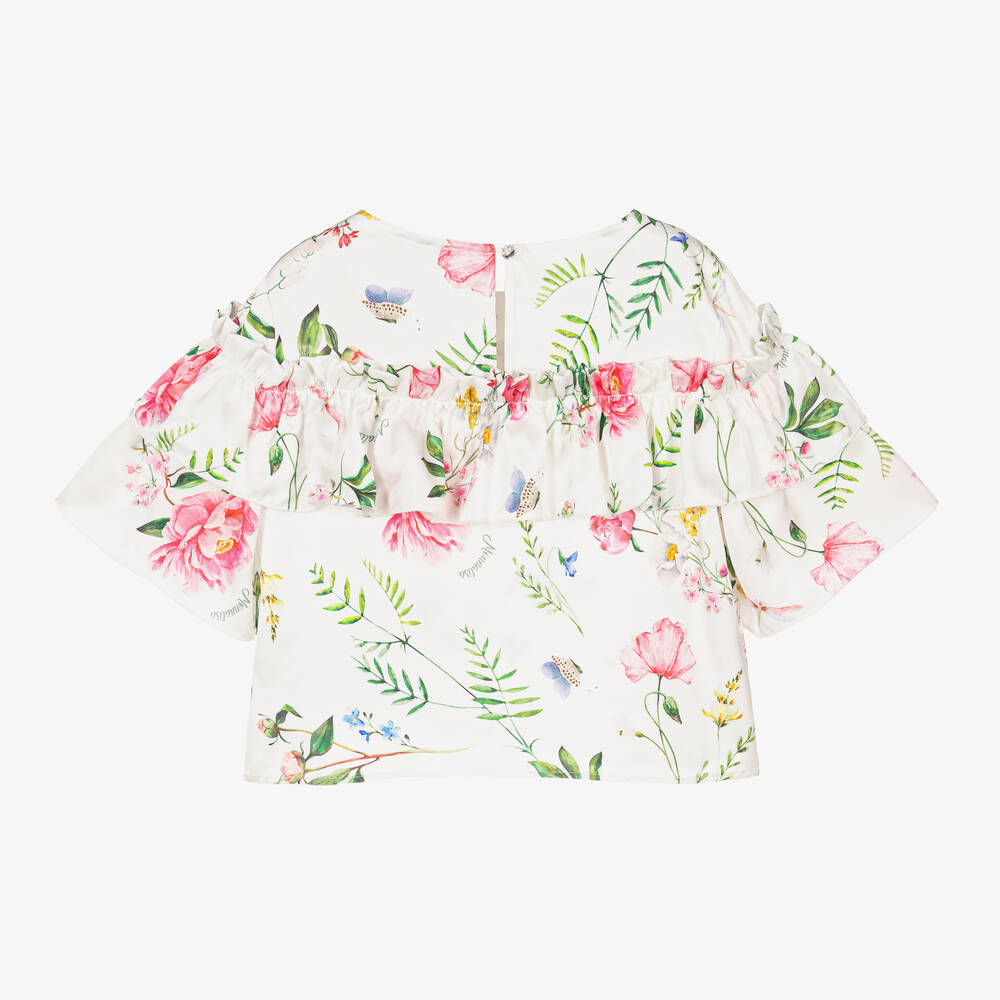 Monnalisa Chic-بلوز فيسكوز ساتان لون عاجي بطبعة ورود للبنات | Childrensalon Outlet