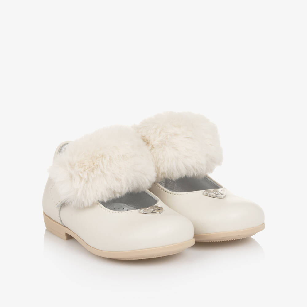 Monnalisa-Кремовые кожаные туфли с мехом для девочек | Childrensalon Outlet