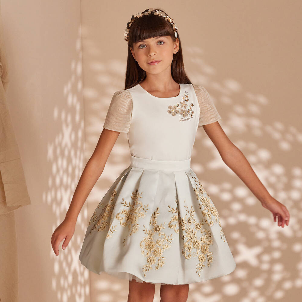 Monnalisa-Girls Ivory & Gold Floral Skirt Set | Childrensalon Outlet