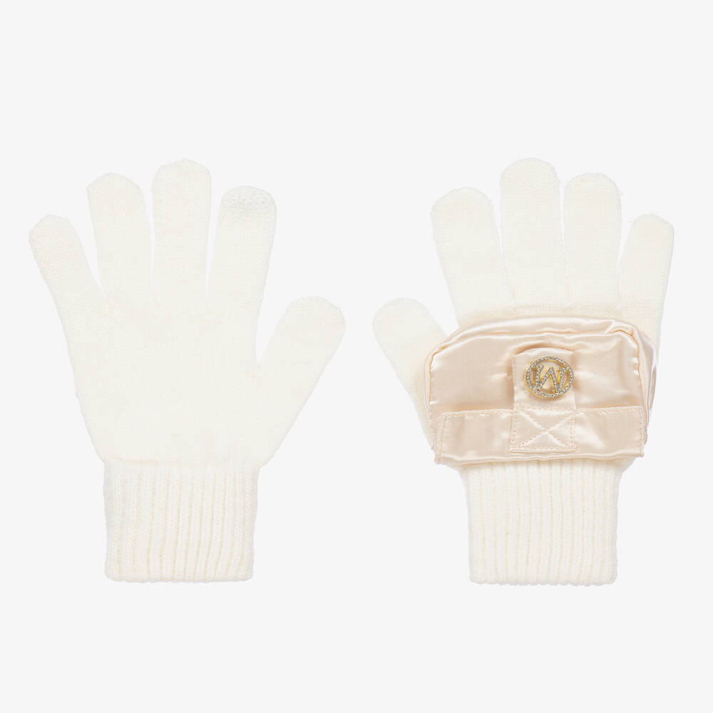 Monnalisa - Girls Ivory & Gold Knitted Gloves | Childrensalon