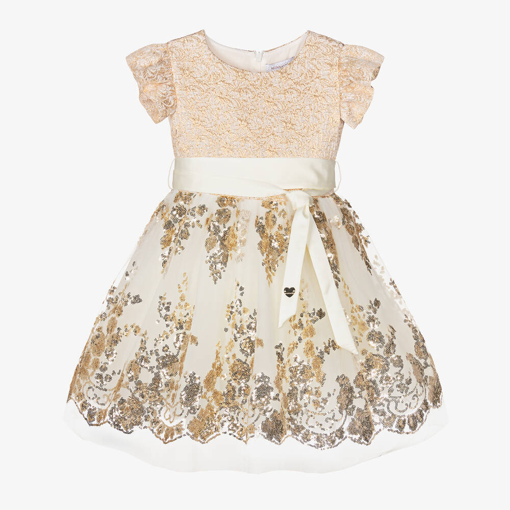 Monnalisa-Girls Ivory & Gold Sequin Dress | Childrensalon Outlet