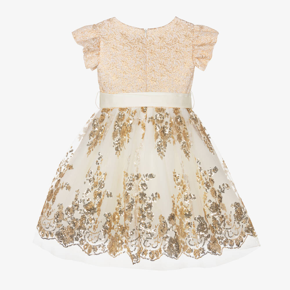 Monnalisa-Girls Ivory & Gold Sequin Dress | Childrensalon Outlet