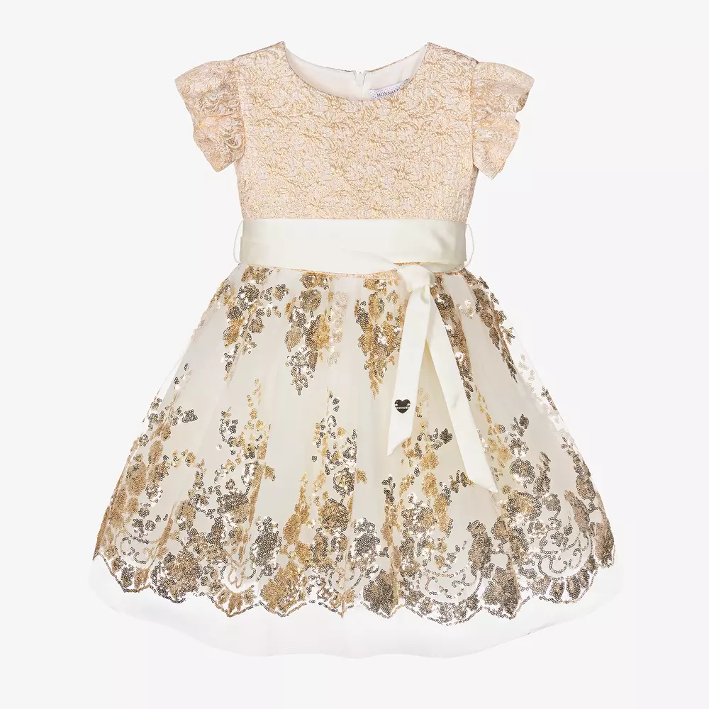 Monnalisa-Girls Ivory & Gold Sequin Dress | Childrensalon Outlet