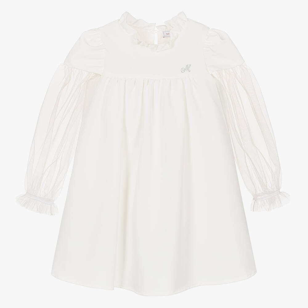 Monnalisa - فستان بياقة عالية وأكمام منفوشة لون أبيض | Childrensalon