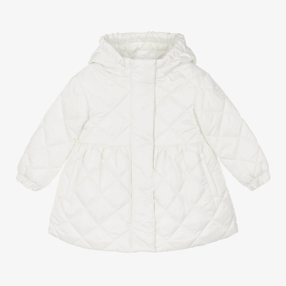 Monnalisa - Girls Ivory Hooded Quilted Coat | Childrensalon