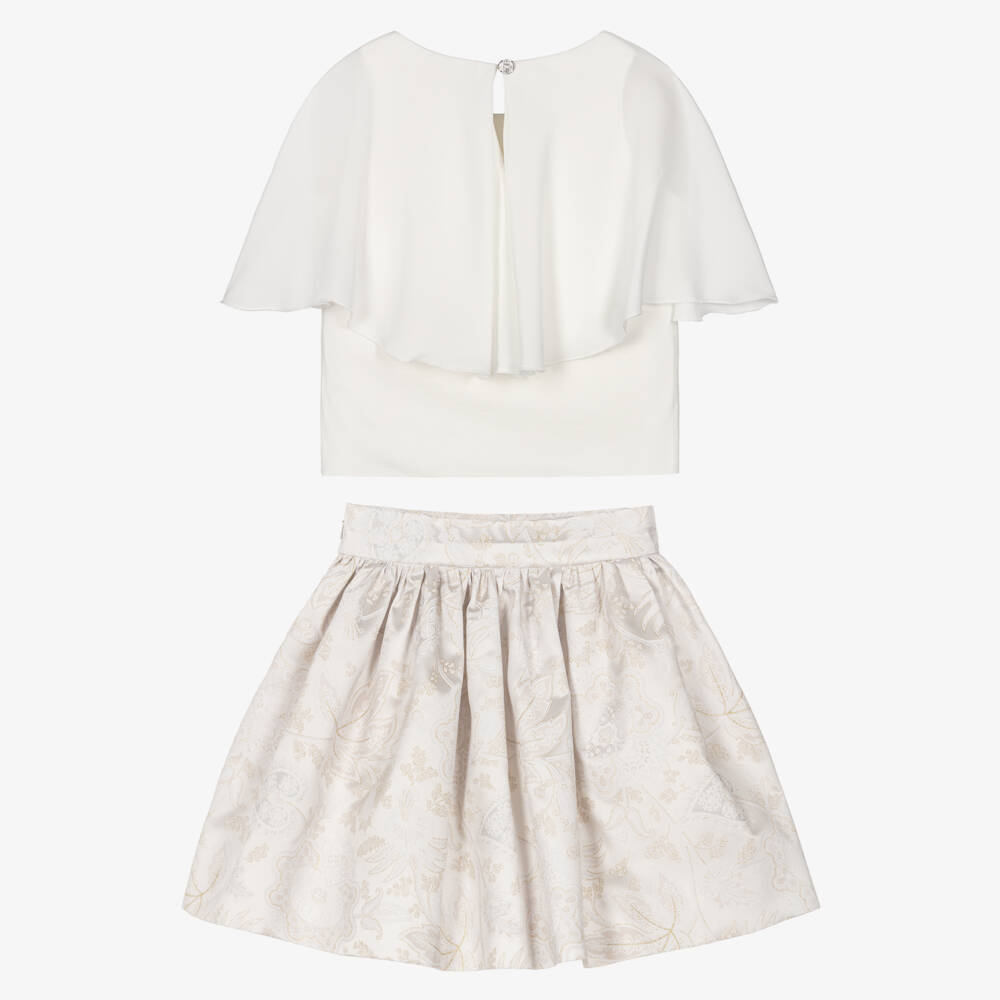 Monnalisa-Girls Ivory Jacquard Satin Skirt Set | Childrensalon Outlet