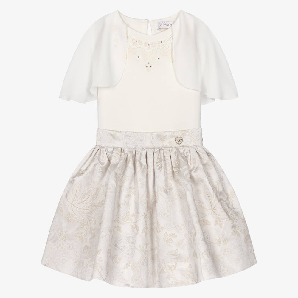 Monnalisa-Girls Ivory Jacquard Satin Skirt Set | Childrensalon Outlet