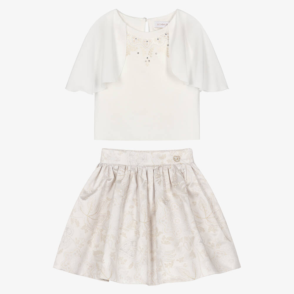 Monnalisa-Girls Ivory Jacquard Satin Skirt Set | Childrensalon Outlet