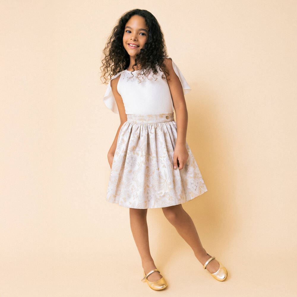 Monnalisa-Girls Ivory Jacquard Satin Skirt Set | Childrensalon Outlet