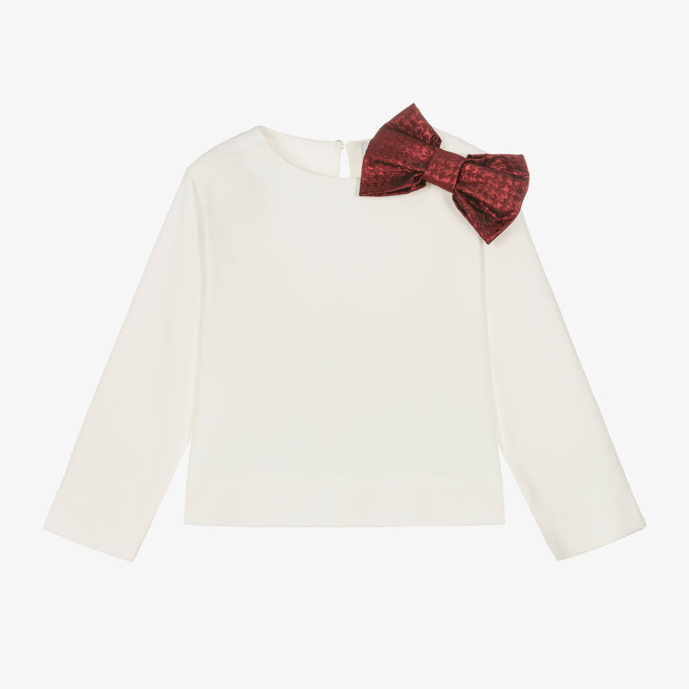 Monnalisa-Girls Ivory Jersey Top with Bow | Childrensalon Outlet