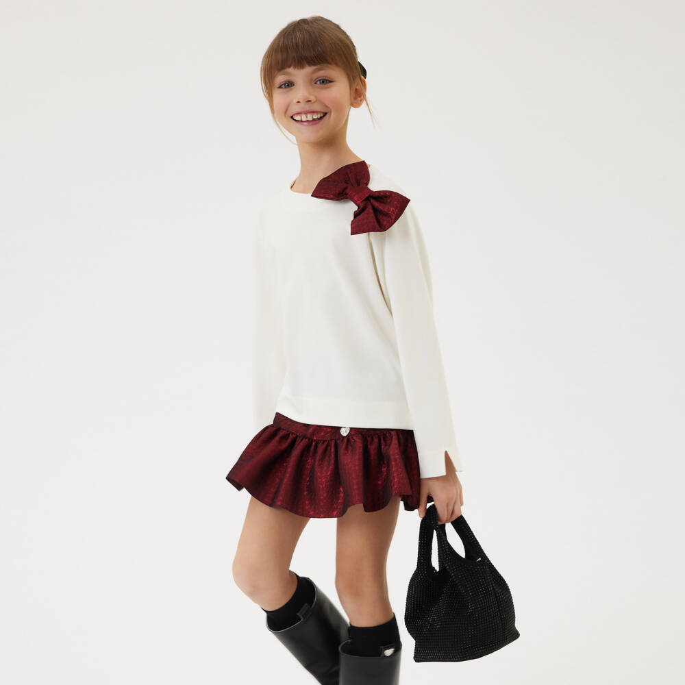 Monnalisa-Girls Ivory Jersey Top with Bow | Childrensalon Outlet