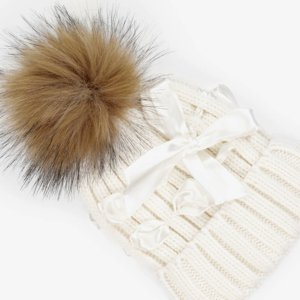 Monnalisa-Girls Ivory Knit Bow Hat | Childrensalon Outlet
