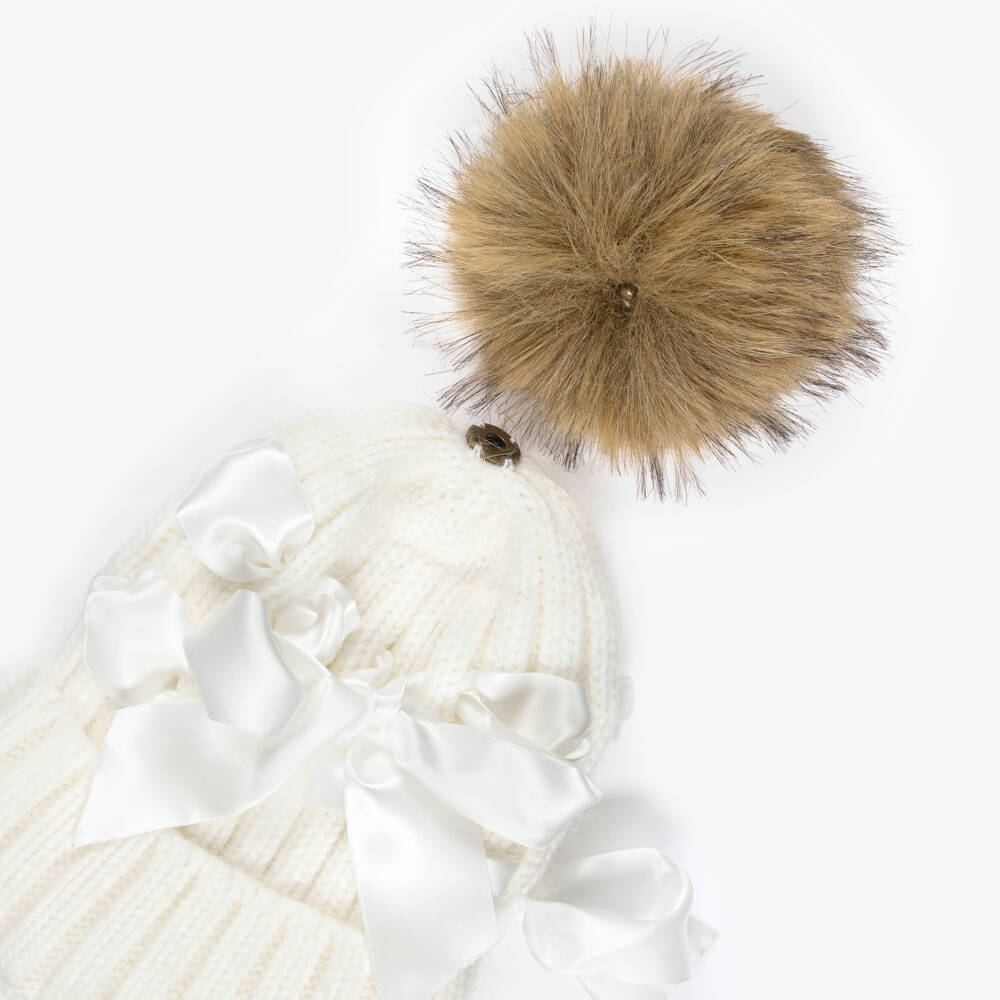 Monnalisa-Girls Ivory Knit Bow Hat | Childrensalon Outlet