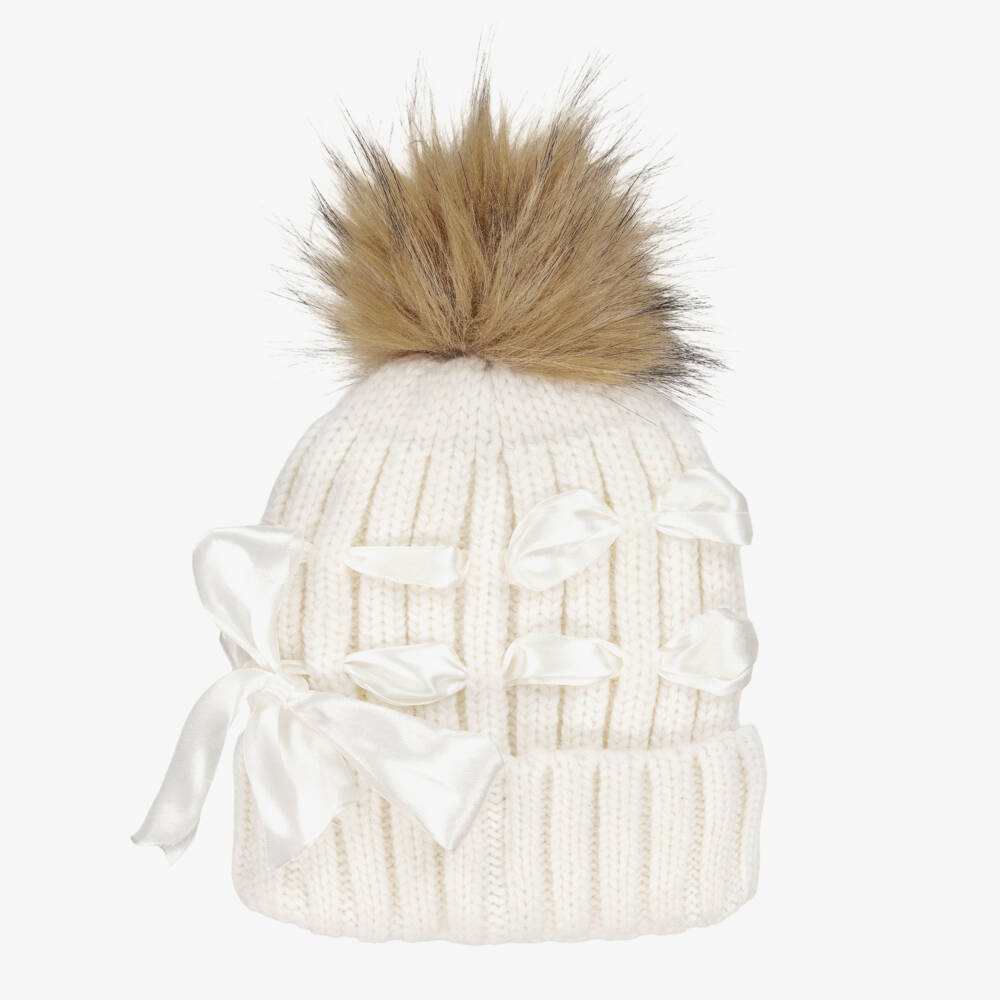 Monnalisa-Girls Ivory Knit Bow Hat | Childrensalon Outlet