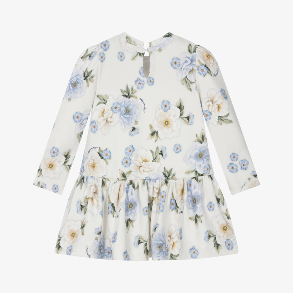 Monnalisa-Кремовое вязаное платье с синими цветами для девочек | Childrensalon Outlet