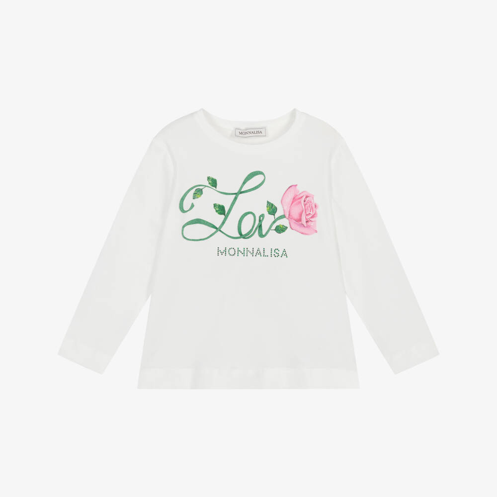 Monnalisa-Girls Ivory Love Cotton Top | Childrensalon Outlet