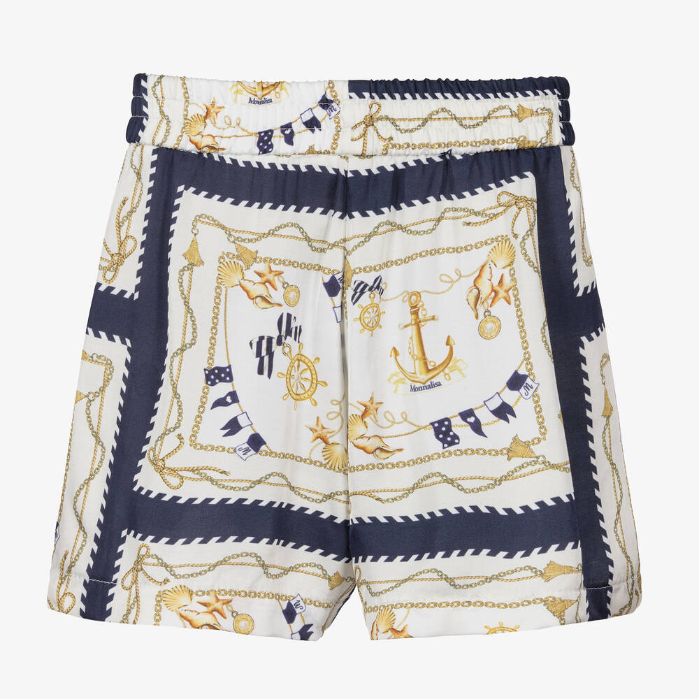 Monnalisa-Girls Ivory Nautical Print Satin Shorts | Childrensalon Outlet