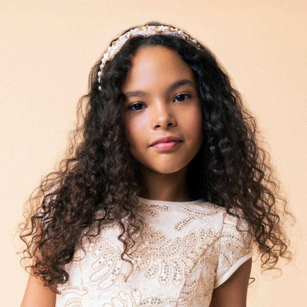 Monnalisa-Girls Ivory Pearl & Gold Sequin Hairband | Childrensalon Outlet