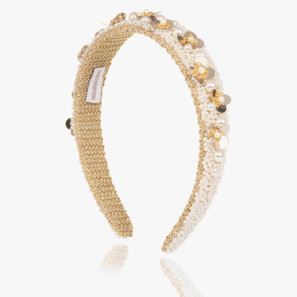 Monnalisa-Girls Ivory Pearl & Gold Sequin Hairband | Childrensalon Outlet
