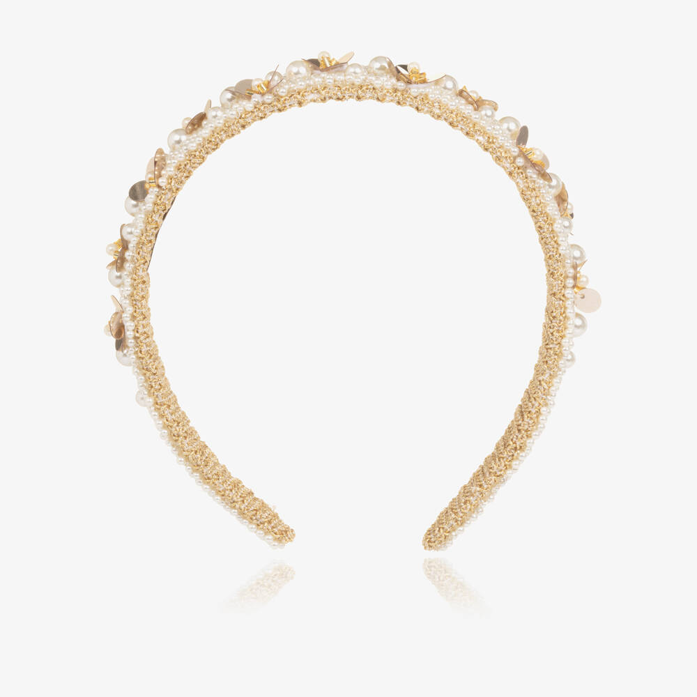 Monnalisa-Girls Ivory Pearl & Gold Sequin Hairband | Childrensalon Outlet