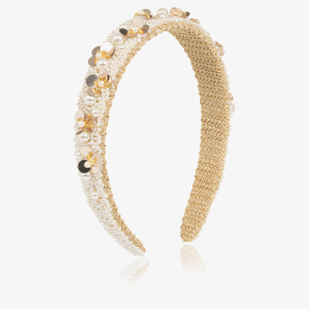 Monnalisa-Girls Ivory Pearl & Gold Sequin Hairband | Childrensalon Outlet