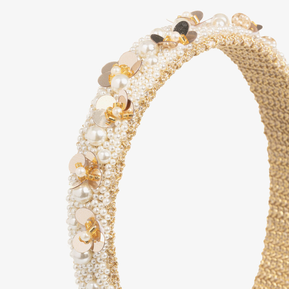 Monnalisa-Girls Ivory Pearl & Gold Sequin Hairband | Childrensalon Outlet