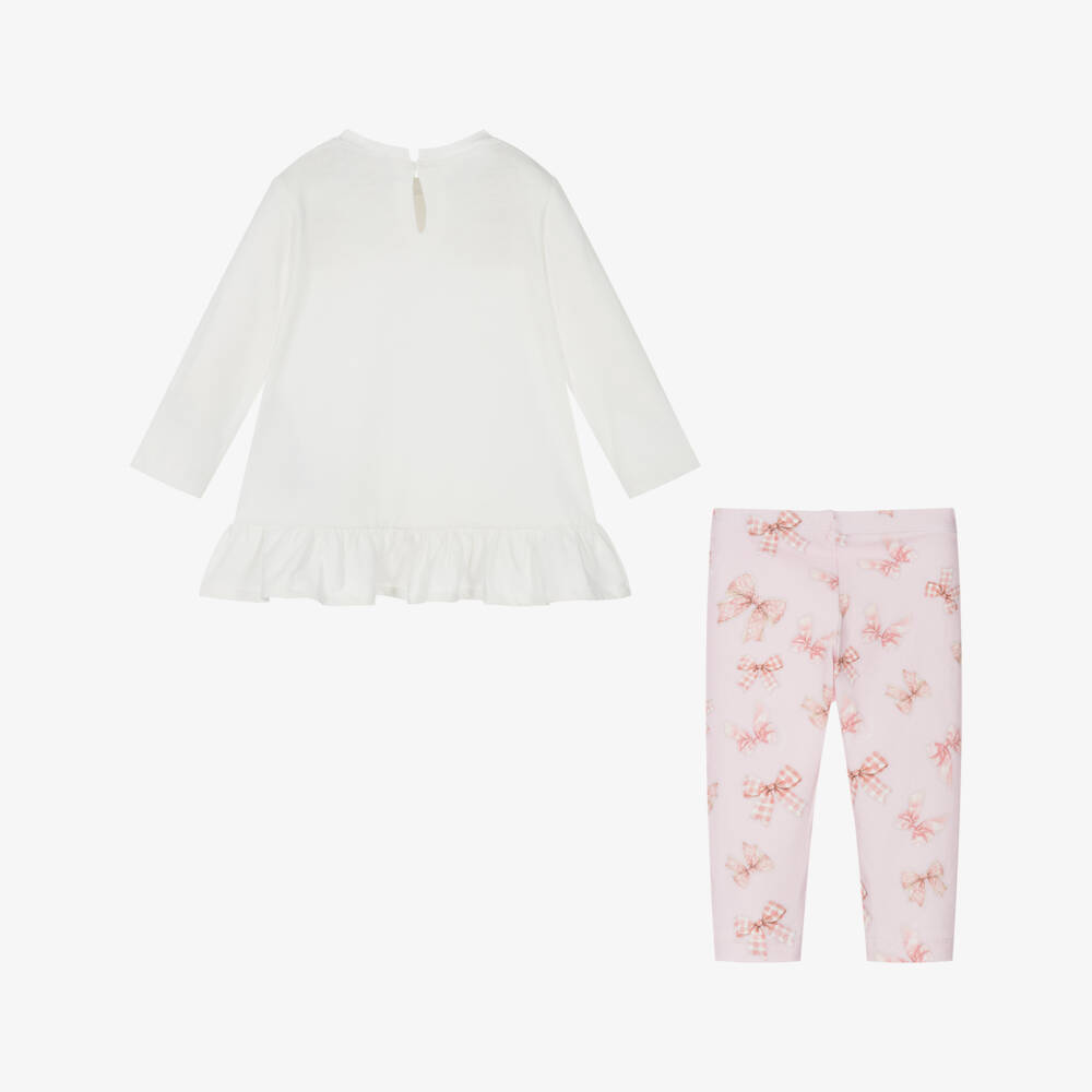 Monnalisa-Girls Ivory Pink Bow Leggings Set | Childrensalon Outlet