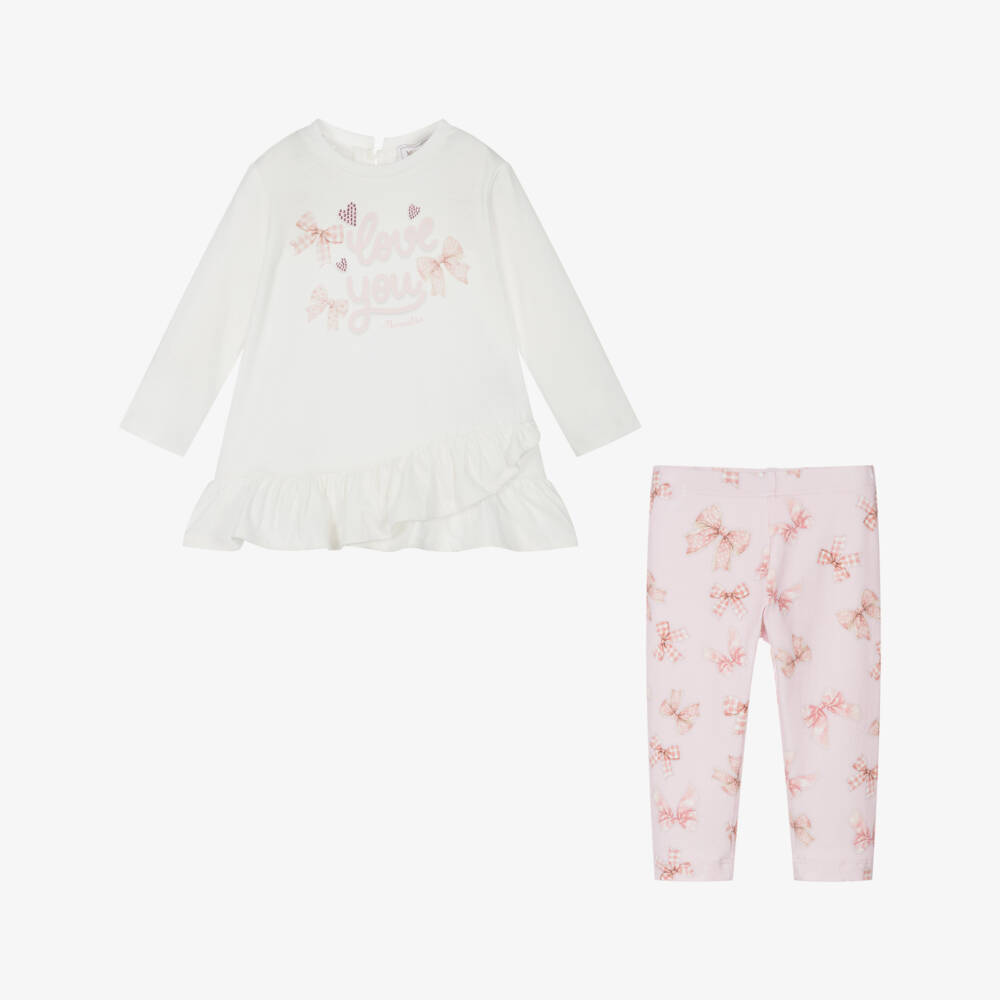 Monnalisa-Girls Ivory Pink Bow Leggings Set | Childrensalon Outlet