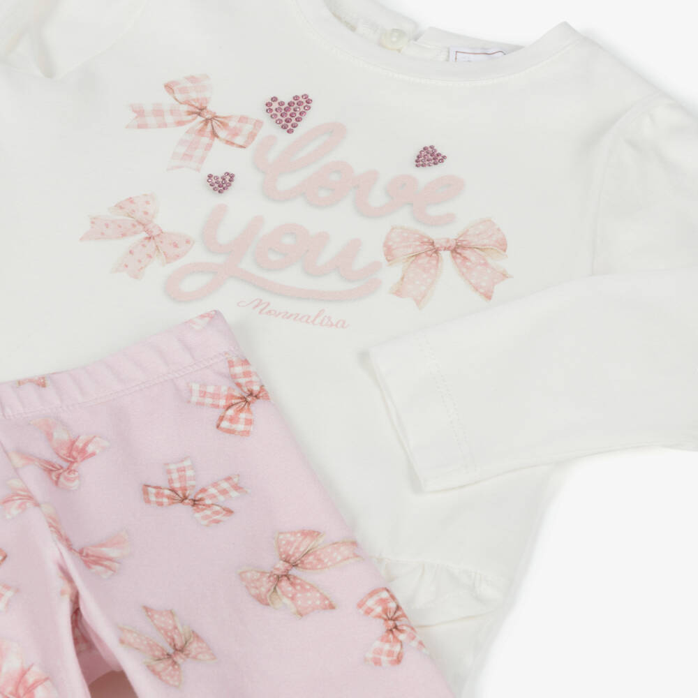 Monnalisa-Girls Ivory Pink Bow Leggings Set | Childrensalon Outlet
