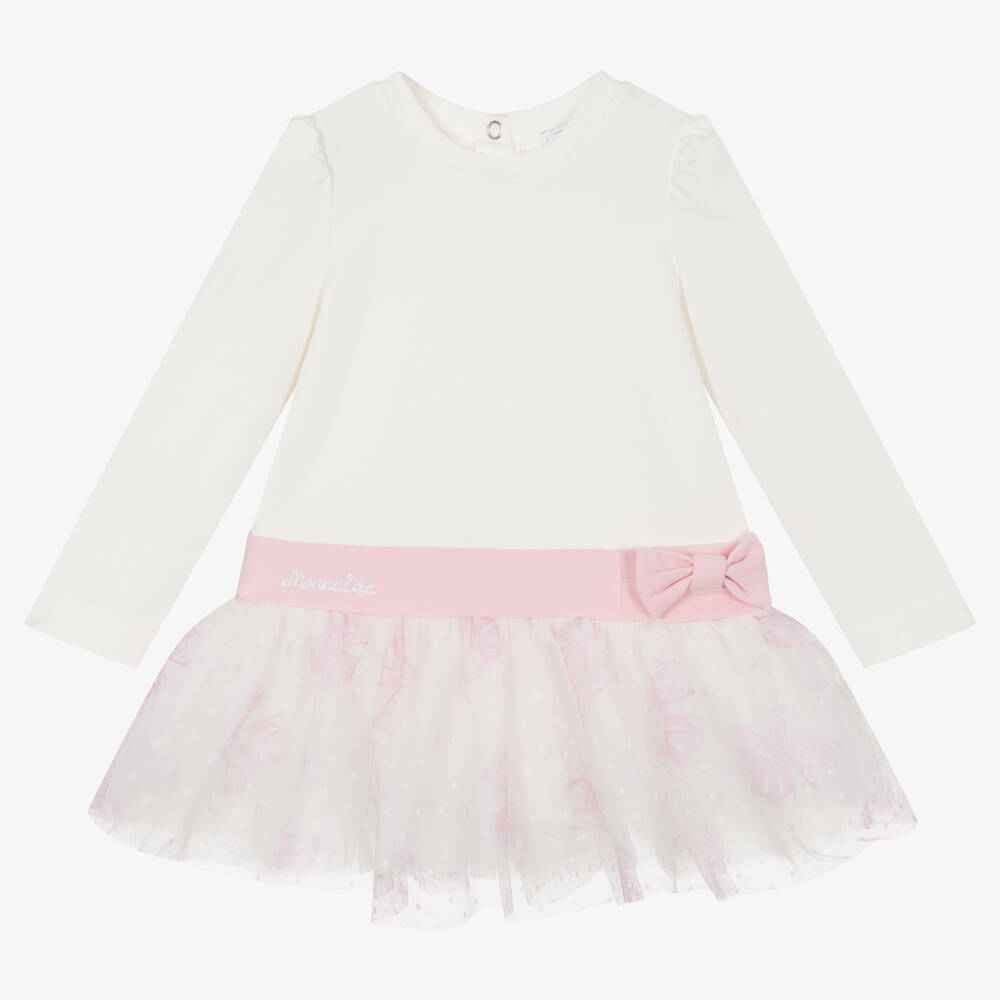 Monnalisa - Кремовое хлопковое платье с розовым бантом | Childrensalon