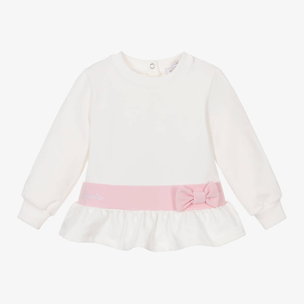 Monnalisa - Girls Ivory & Pink Cotton Bow Sweatshirt | Childrensalon