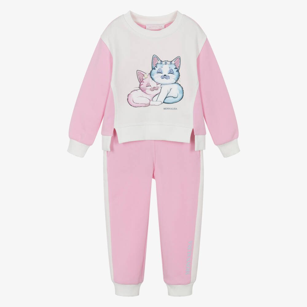 Monnalisa-Girls Ivory & Pink Cotton Cat Print Tracksuit | Childrensalon Outlet