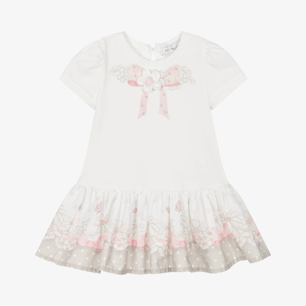 Monnalisa-Girls Ivory & Pink Cotton Dress with Bow & Floral Print | Childrensalon Outlet