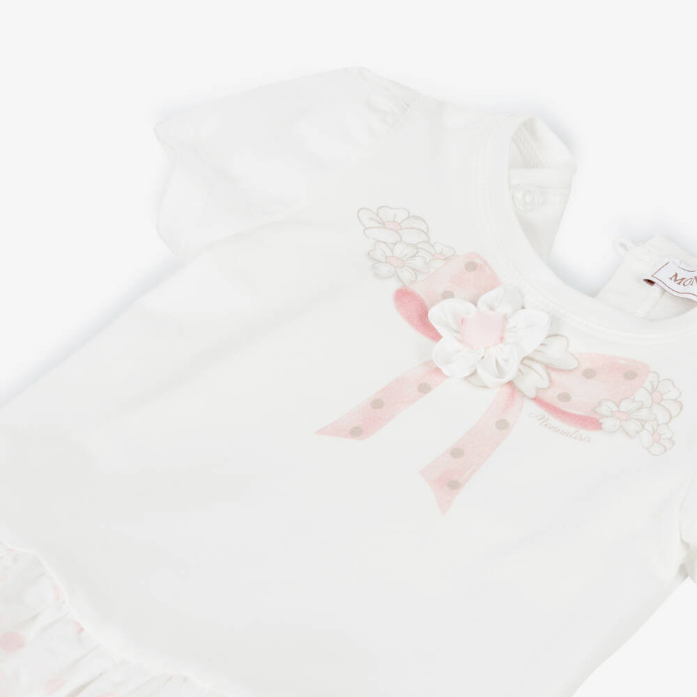 Monnalisa-Girls Ivory & Pink Cotton Dress with Bow & Floral Print | Childrensalon Outlet