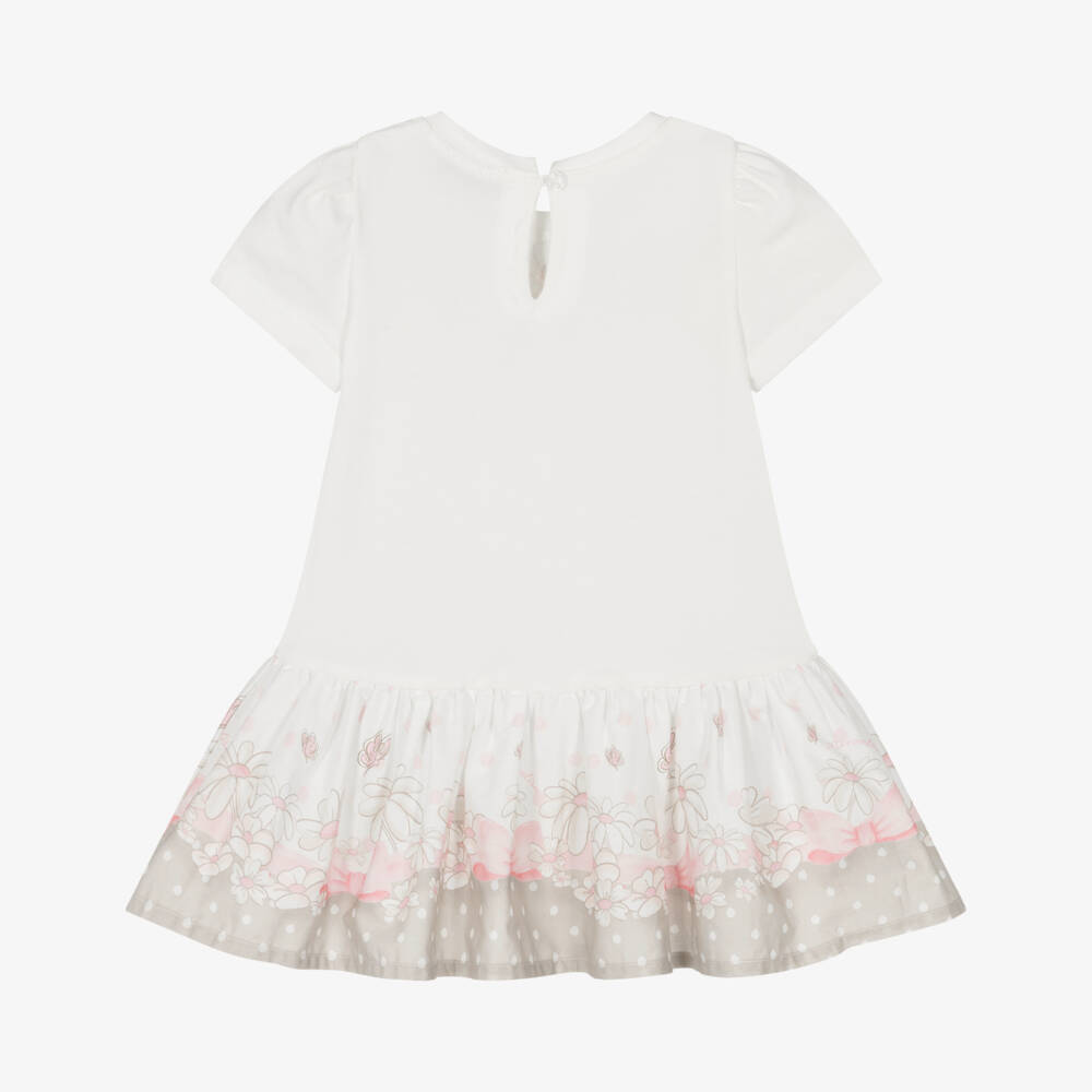 Monnalisa-Girls Ivory & Pink Cotton Dress with Bow & Floral Print | Childrensalon Outlet
