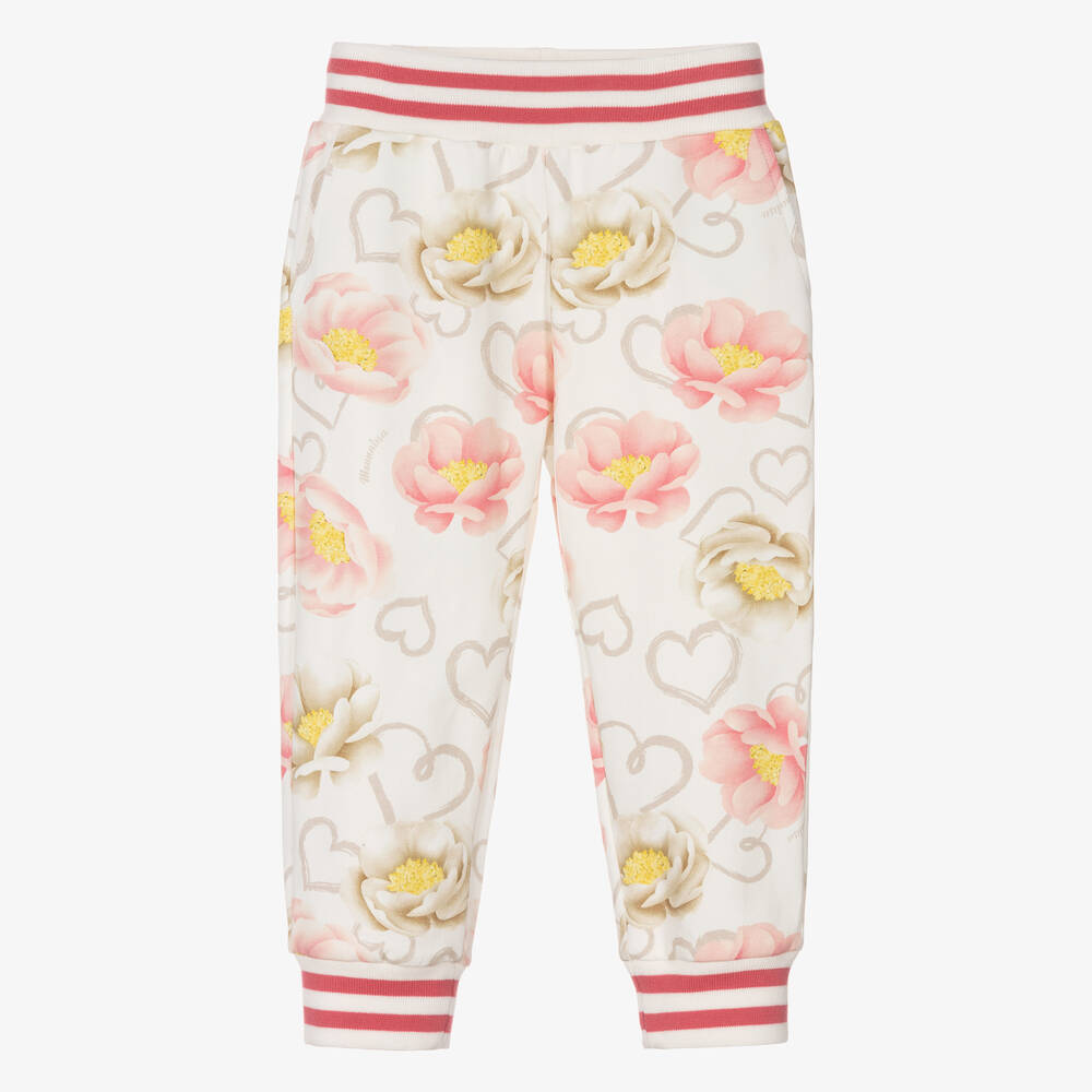 Monnalisa - Girls Ivory & Pink Cotton Floral Joggers | Childrensalon