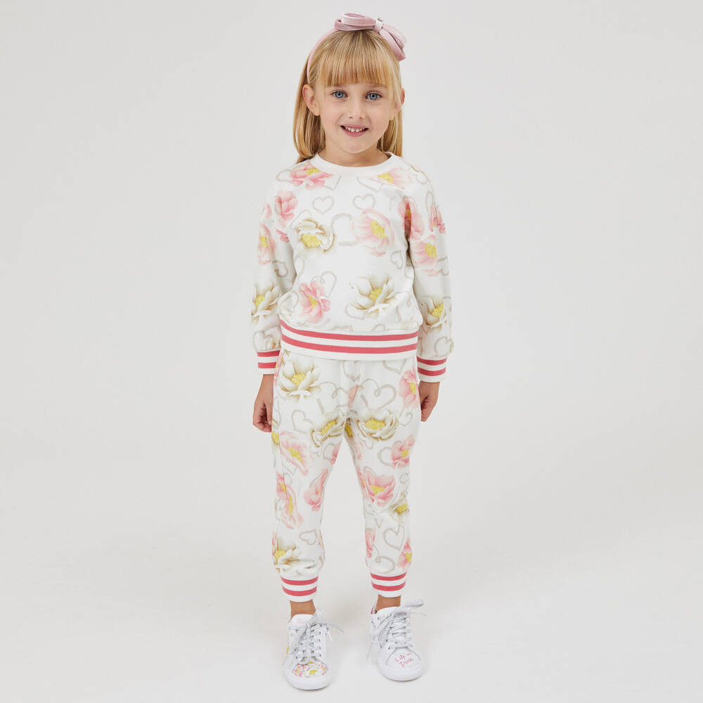 Monnalisa-Girls Ivory & Pink Cotton Floral Joggers | Childrensalon Outlet