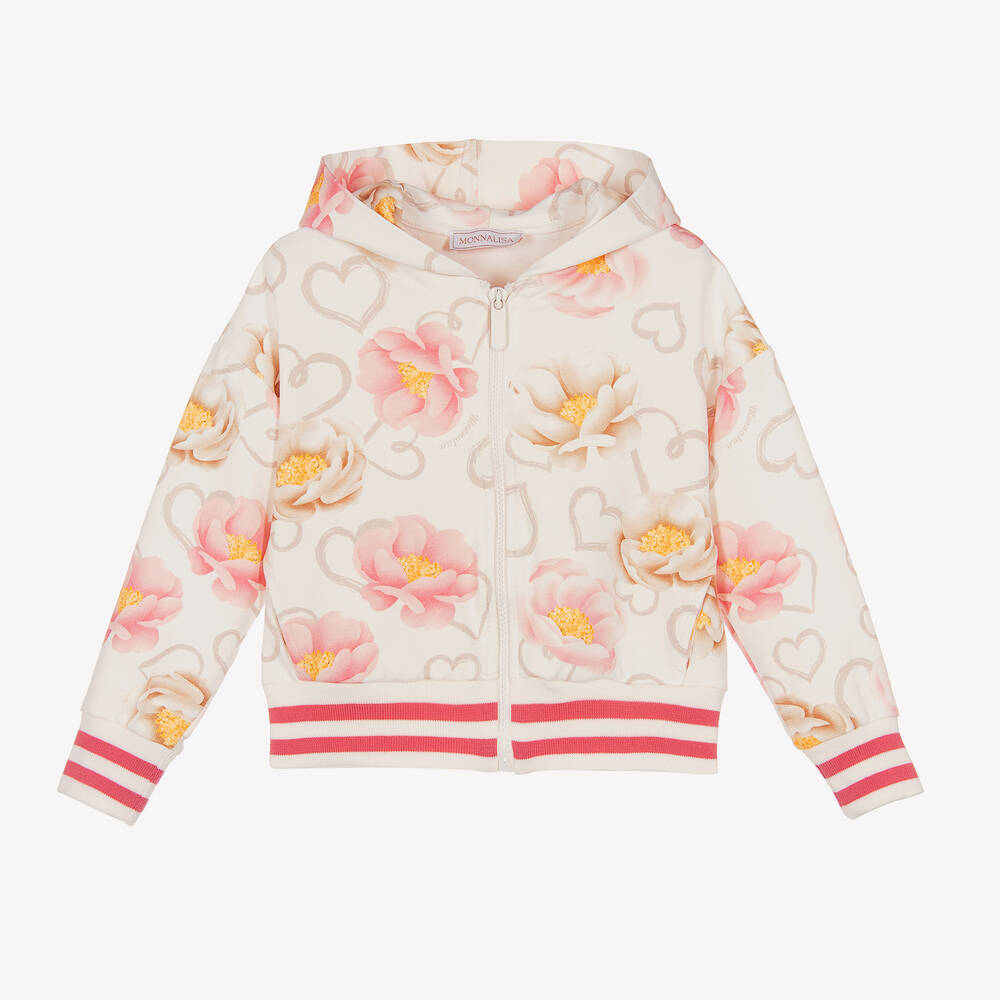 Monnalisa - Blumen-Baumwolljacke Elfenbein/Rosa | Childrensalon