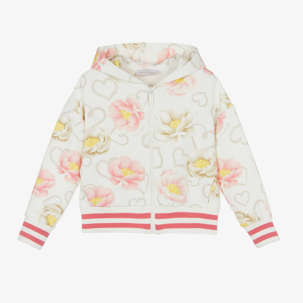 Monnalisa-Girls Ivory & Pink Cotton Floral Zip-Up Top | Childrensalon Outlet